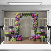 Aperturee Aperturee Colorful Hydrangea Wedding Arch Photography Backdrop Rustic Doors with Purple and Green Florals Garden Photo Prop